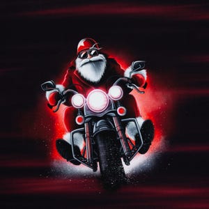 Winter Moods by Thorsten Berger French Terry fabric panel w kolorze czerwonym z motywem motocykla Santa