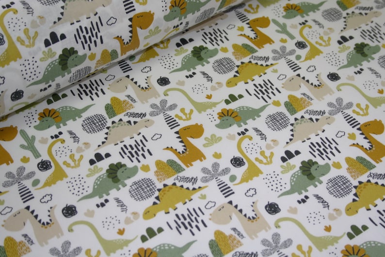 Coated cotton fabric Dinos dinosaur mustard green image 1