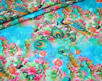 Tissu jersey imprimé numérique Stenzo fleurs turquoise bouquet d'oiseaux