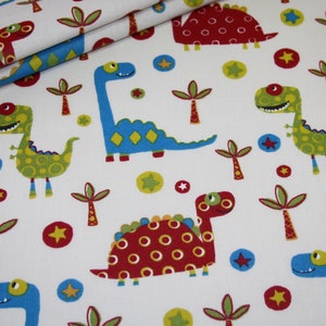 Coated cotton fabric beige green dinos dinosaurs