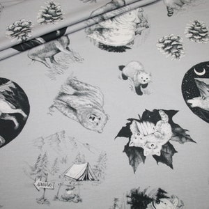 Hilco French Terry Jersey Fabric Wild Animals Wolf Bear grey