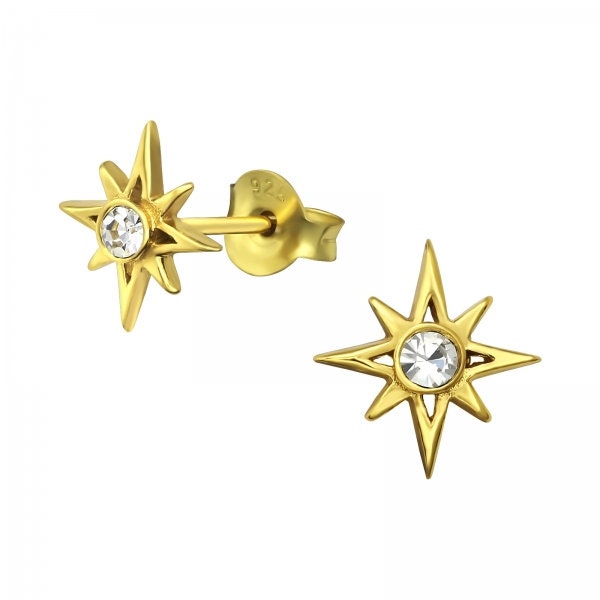 1 pair of gold-plated stud earrings with polar star earrings made of 925 sterling silver