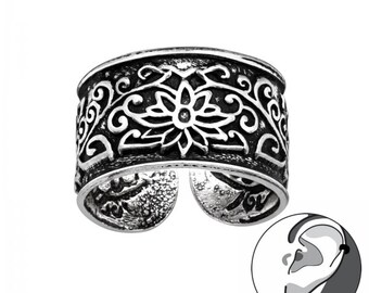 1 piece 925 sterling silver ear cuff blackened floral pattern ear cuff