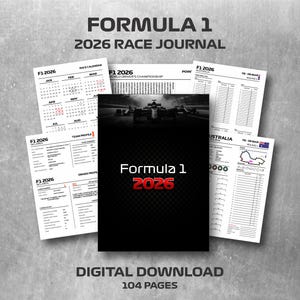 以下が含まれることがあります： 「Formula 1 2026 Race Journal」は、黒い表紙に赤い文字で「Formula 1 2026」と書かれています。このジャーナルには、レースカレンダー、ドライバープロフィール、レース結果ページが含まれています。画像には「デジタルダウンロード」と「104ページ」という文字も含まれています。