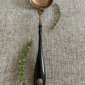 Pode incluir: Uma concha de prata com um cabo de madeira preta. O cabo tem um design decorativo de concha de prata na parte inferior.