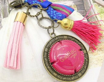 Handbag charm GAILLAC FUCHSIA bronze frame cap sparkling WINE tassels silky suede bowknot gift pendant Occitania France pink rose champagne