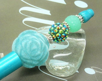 Ball Pen  VELVET ROSE TURQUOISE flower beads acrylic sugar disco ball gift letter writing office school sea ocean beach water holidays