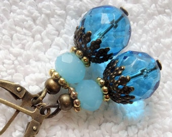 Earrings Little Bohemian TREASURES TURQUOISE opaque dark AQUAMARINE faceted crystal beads vintage wedding gift birthday bluebronze