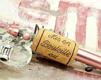 Kugelschreiber WINZER FRANKREICH mit echtem Korken Weingut Gaillac Flasche Anhänger Korkenzieher Stift Silber Perle rosa Büro Geschenk
