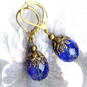 Boucles Joyaux de Bohême SAPPHIRE perles facettes cristal bleu bronze vintage antique OR567 image 3