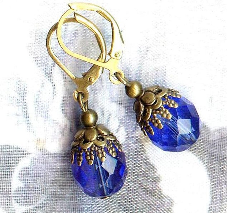 Boucles Joyaux de Bohême SAPPHIRE perles facettes cristal bleu bronze vintage antique OR567 image 3
