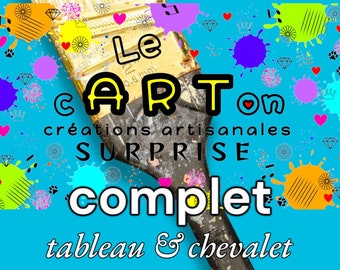 Le cARTon COMPLET SURPRISE boite avec l'original d'un tableau abstrait 5x8cm plus mini chevalet bois unique idée cadeau collection LUMIO