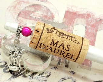Ball Pen VINEYARD FRANCE GAILLAC with real cork charm corkscrew white metallic pink silver wine bottle gift school office writing letter