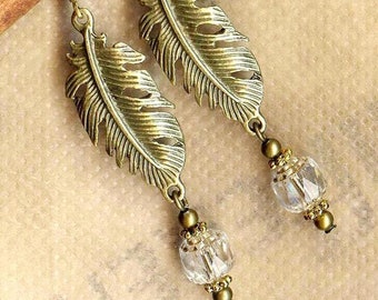 Earrings FEATHERS of LOVE vintage beads faceted crystal connector bronze vintage wedding birthday transparent clear Czech bohemian