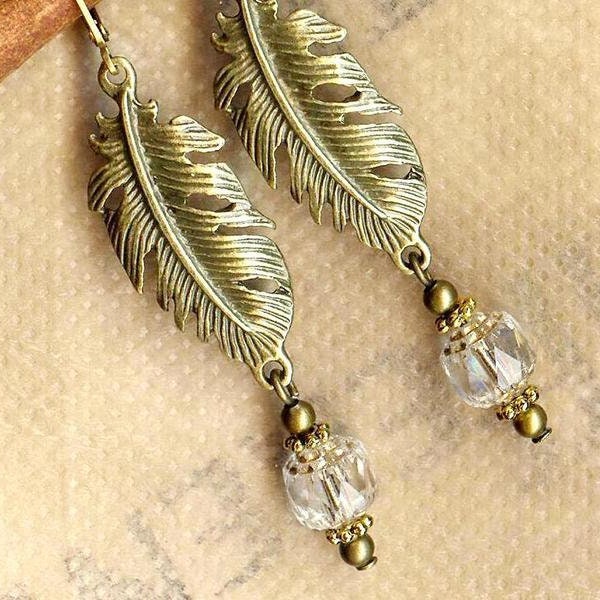 Boucles PLUMES d'AMOUR perles cristal boheme facette cathedrale transparent bronze doré vintage mariage cadeau anniversaire