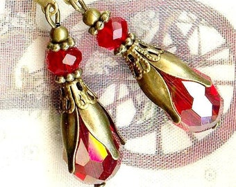 Boucles TULIPES en FLAMME perles facettes gouttes rouge amour mariage vintage bronze antique cadeau fleur  OR620