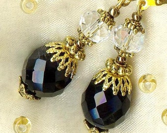 Boucles BAROQUE noir et transparent perles facettes cristal de Bohême doré antique vintage cadeau mariage anniversaire OR261