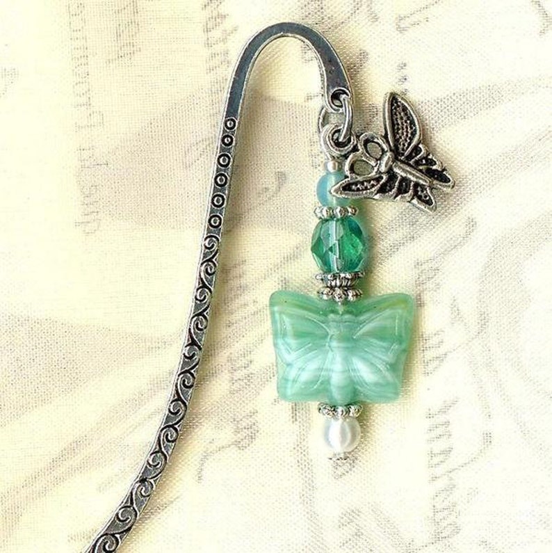 mini bookmark BUTTERFLY blue ZIRCON glass faceted crystal faux pearl white bead tibetan silver charm MP165 image 2
