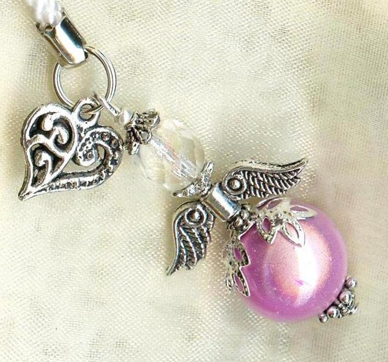 Cellphone pendant charm CELESTIAL WHITE beads crystal faceted miracle glass wedding gift guests luck protection prayer guardian heaven Pink