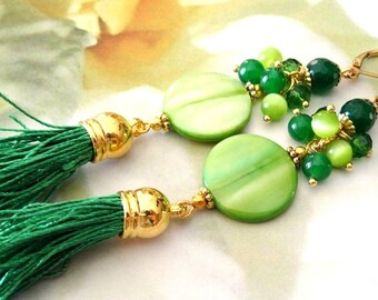 Earrings  Silky Tassels  Mop Emerald Green Or762