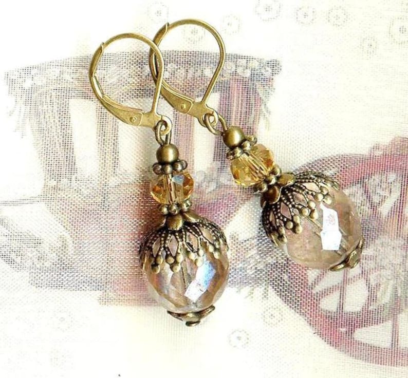 Boucles TRÉSORS VICTORIENS Luster TOPAZ Gold caramel beige champagne facettes Bohême cristal perles bronze vintage rondelle OR618 image 3