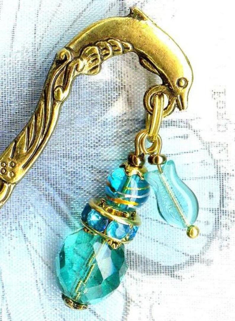 MINI-Marque-Page DAUPHIN d'OR perles cristal verre poisson turquoise antique vintage mer plage marin lire cadeau livre MP198 image 3