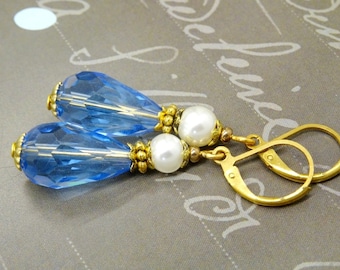 Boucles GOUTTES CELESTES perles facettes Boheme bleu ciel rondes nacrées blanches antique or bronze vintage mariage OR791
