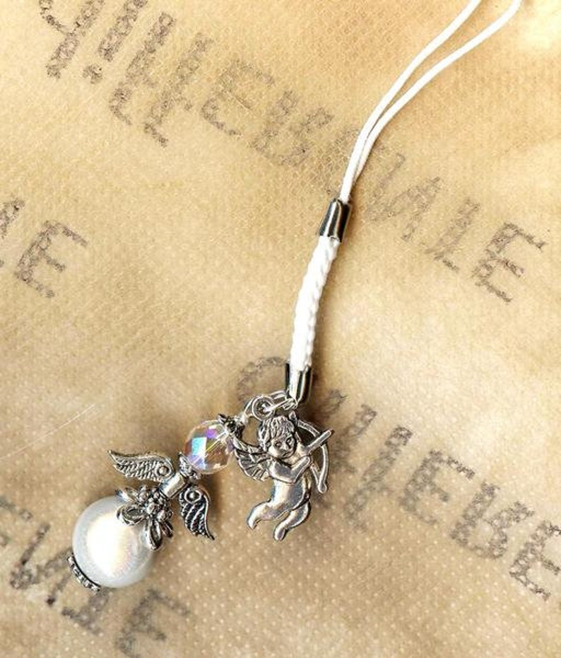 Cellphone pendant charm CELESTIAL WHITE beads crystal faceted miracle glass wedding gift guests luck protection prayer guardian heaven image 3