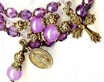 Rosary bracelet Czech faceted crystal beads Jade violet Bronze RK082
