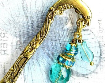 MINI Bookmark GOLDEN DOLPHIN faceted crystal glass beads turquoise sea ocean antiqued gold fish gift read MP198