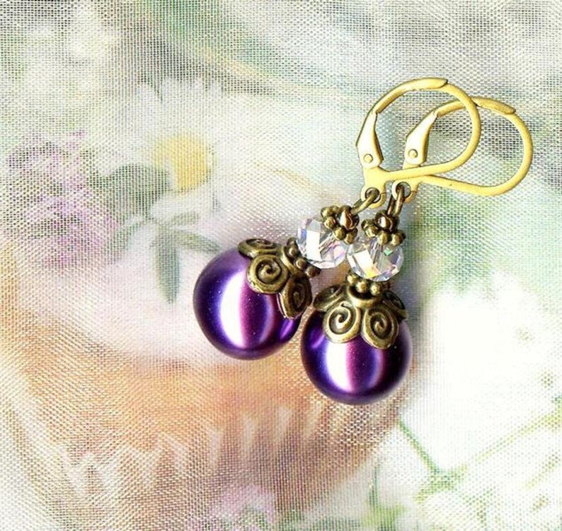 Boucles LAVENDER PEARL perles cristal bronze nacré violette lilas mauve facettes Bohême fleurs vintage OR687 image 2