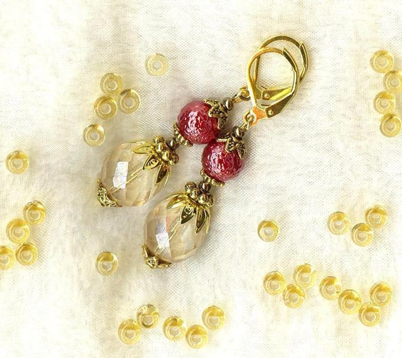 Earrings BAROQUE Luster Topaz gold Copper faceted crystal beads faux pearl frosted glass vintage gold antiqued OR265 image 3