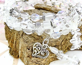 Memory wire bracelet SUMMER BREAZE mix transparent frosted glass crystal faceted czech beads wedding gift luck love tibetan silver charm