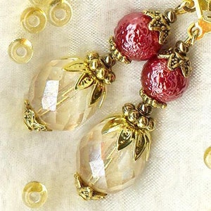 Earrings BAROQUE Luster Topaz gold Copper faceted crystal beads faux pearl frosted glass vintage gold antiqued OR265 image 1