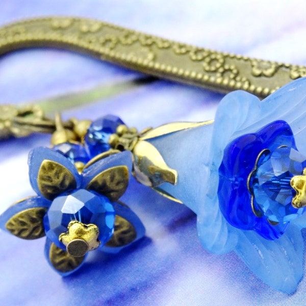 Marque-Page GENTIANE fleurs perles cristal facettes boheme bleu saphir bronze acrylique cristal rondelle petales MP208