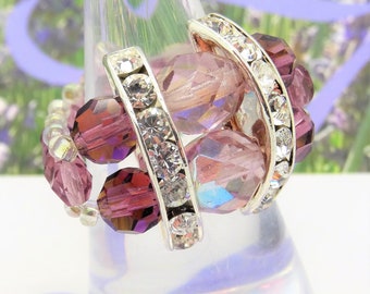 Bague STRASS 19 AMETHYSTE lila violet perles cristal facettes bohême bronze vintage cadeau unique noël anniversaire fête mariage amour