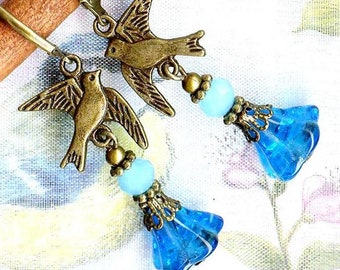 Earrings BLUE SWALLOWS glass bell beads turquoise faceted crystal rondelle bronze animal connector flowers vintage OR738