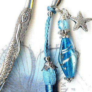 Marque-Page SIRENE POMPON simili soie TURQUOISE Lampwork cristal perles verre argent tibetain mer etoile MP199 image 4