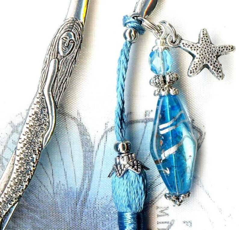 Marque-Page SIRENE POMPON simili soie TURQUOISE Lampwork cristal perles verre argent tibetain mer etoile MP199 image 4