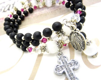 Rosary Bracelet  BLACK ONYX and faceted crystal beads FUCHSIA silver cross charm medal virgin communion baptism wedding