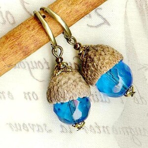 Boucles CHENES Bleu AZUR GLANDS naturels perles facettes cristal Bohême foret coupelle bronze vintage OR460 image 2