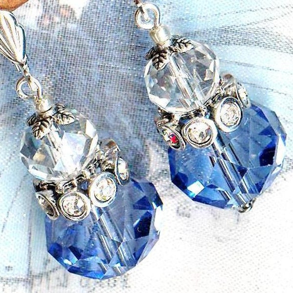 Boucles FLEURS du CIEL perles facettes rondelle bleu clair transparent strass cristal OR724