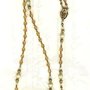 Rosary Necklace MARBLED Green and SMOKED TOPAZ faceted crystal and smooth glass beads brown bronze cross medal virgin mary communion baptism image 7