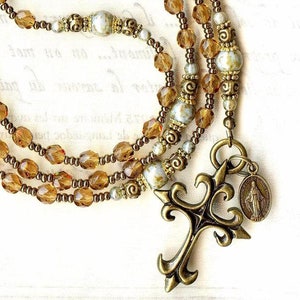 Rosary Necklace MARBLED Green and SMOKED TOPAZ faceted crystal and smooth glass beads brown bronze cross medal virgin mary communion baptism image 6