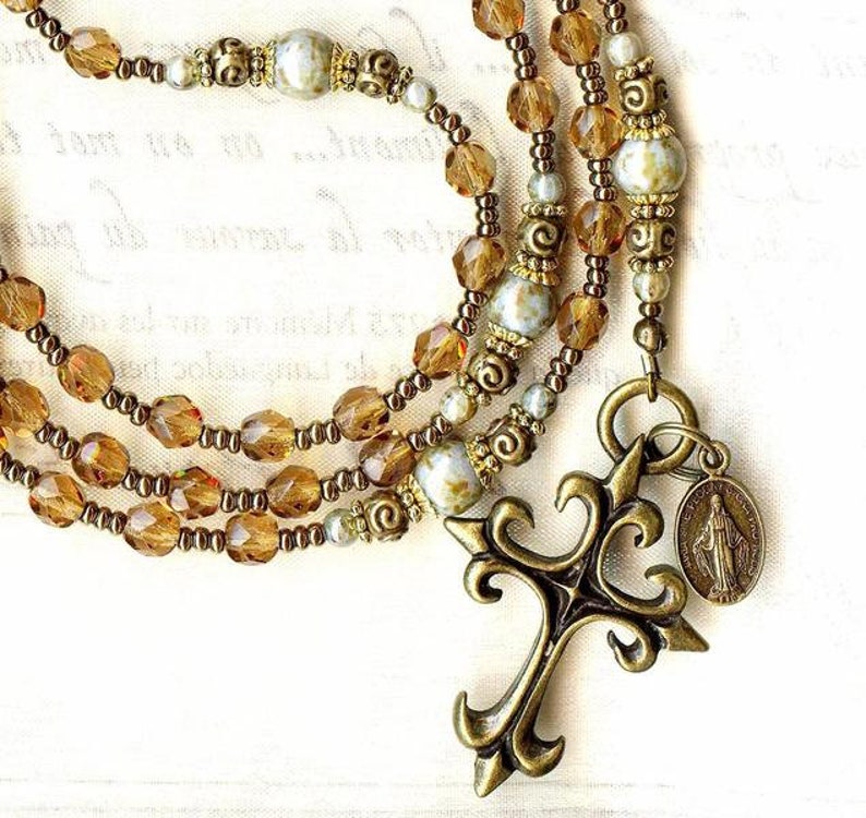 Rosary Necklace MARBLED Green and SMOKED TOPAZ faceted crystal and smooth glass beads brown bronze cross medal virgin mary communion baptism image 6