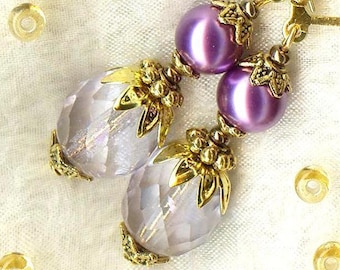 Earrings BAROQUE LAVENDER LILAC beads crystal faceted faux pearl glass violett gift antiqued wedding xmas gold Czech birthday love provence