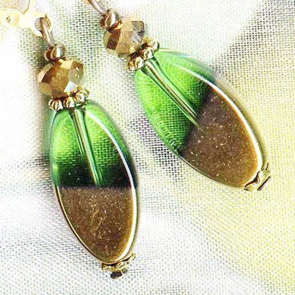 Boucles  OLIVES DORÉES perles en verre galvanisé vert or vintage cristal facette rondelles bronze cadeau anniversaire oval elliptique OR735