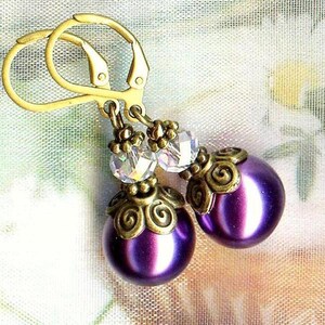 Boucles LAVENDER PEARL perles cristal bronze nacré violette lilas mauve facettes Bohême fleurs vintage OR687 image 3