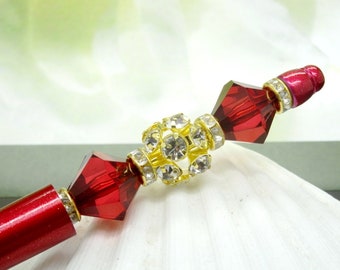 Ball Pen RED FESTIVAL rhinestone bicone strass beads roundel pencil gold STY053