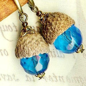 Boucles CHENES Bleu AZUR GLANDS naturels perles facettes cristal Bohême foret coupelle bronze vintage OR460 image 1